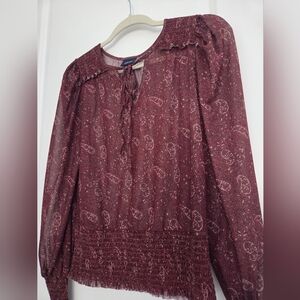 Women's Smocked Hem Tie-Neck Blouse - Burgundy Paisley